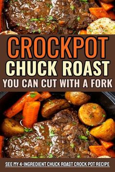 4-Ingredient Crock Pot Chuck Roast - THE best chuck roast crockpot roast with gravy for a simple crock pot family meal. If you need cheap dinners for a family this dump and go slow cook roast dinner with vegetables is perfect! Chuck Roast Crock Pot, Easy Crockpot Dump Meals, Chuck Roast Crock Pot Recipes, Roast Beef Crock Pot Recipes, Roast Crock Pot Recipes, Delicious Pot Roast, Roast Crock Pot, Crock Pot Roast, Roast Slow Cooker