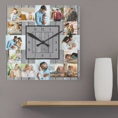 a clock that has pictures of people on the front and back of it, along with two vases