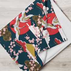 Japanese  Art Throw Blanket, * 100% polyester * Soft silk touch fabric * Printing on one side * White reverse side * Machine-washable * Hypoallergenic * Flame retardant Zen Temple, Scene Art, Red Sun, Fabric Printing, Silk Touch, Art Japonais, Flame Retardant, Japanese Art, Cherry Blossom