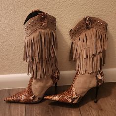 These Boots Have It All: Stiletto. Pointed Toe, Fringe. Rhinestones, Studs, Snakeskin. What More Do You Need?? These Boots Always Make A Statement Color Is Taupe Western Style Round Toe Party Heels, Western Style Heels With Round Toe For Party, Western Style Round Toe Heels For Party, Western Snip Toe Fitted Heels, Western Snip Toe Heels, Fitted Western Heels With Snip Toe, Western Fitted Snip Toe Heels, Western Style Fitted Snip Toe Heels, Western Fitted Heels With Pointed Toe