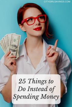 a woman in glasses holding money and pointing to the side