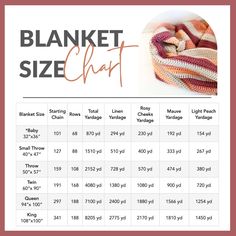 the blanket size chart is shown in red, white and orange colors with text that reads blanket size chart