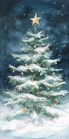 a watercolor painting of a christmas tree in the snow with stars and ornaments on it