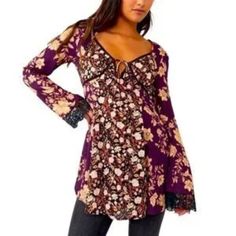 Nwt: Free People Odette Printed Tunic Size Small Color: Espresso Combo (Purples, Blacks, Browns) *Multi-Print *Lacing Details Cuff And Neck *Tie Front Detail * Long Sleeve *Ruched Back Provides Stretch *Low-Hi Style *100% Viscose Approx. Measurements (Lying Flat) P2p 16" Length 27.5" Front.. Back Has About Another 2.5" Styling Tip: This Versatile Tunic Can Be Worn As A Mini Dress. It Can Also Be Worn As A No-Show Look Layer With One Of Fp's Layering Shorts Or For A More Trendy Look Pair With One Purple Bohemian Blouse For Fall, Bohemian Purple Blouse For Fall, Purple Blouse For Fall, Fitted Purple Floral Print Blouse, Fitted Bohemian Purple Tops, Fitted Purple Bohemian Tops, Print Tunic, Bike Shorts, Favorite Jeans