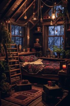 a bed sitting under a window next to a wooden ladder in a room filled with plants