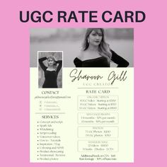 the uggc rate card is shown in black and white on a pink background