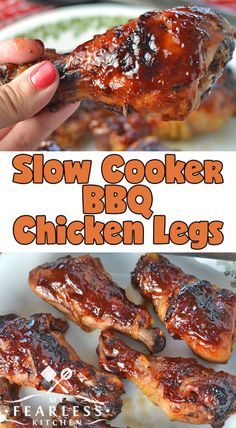 slow cooker bbq chicken legs on a plate with text overlay that reads slow cooker bbq chicken legs