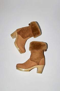 No.6 9" Pull On Shearling Clog Boot on High Heel in Copper Classic Boots With Sheepskin And Suede Lining, Classic Sheepskin Boots With Suede Lining, Fall Boots With Faux Fur Lining, Winter Suede Mid-calf Boots With Suede Lining, Suede Mid-calf Boots With Stacked Heel For Winter, Winter Boots With Suede Lining And Shearling Material, Winter Mid-calf Suede Boots With Suede Lining, Winter Mid-calf Suede Boots With Stacked Heel, Fitted Winter Boots With Faux Fur Lining