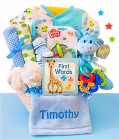 a baby's first words gift basket filled with toys