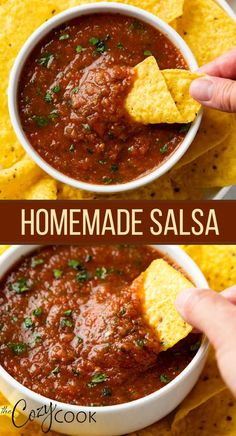 A collage of homemade salsa with a chip being dipped into it. Csid Recipes, Marshmallow Recipes, Salty Marshmallow