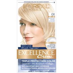 L'Oreal Paris Excellence Non-Drip Crème - 01 Extra Light Ash Blonde - 1 Kit Light Ash Blonde Hair, Natural Ash Blonde, Grey Hair Coverage, Blonde Makeup, Ash Blonde Hair Colour, Colored Hair Tips, At Home Hair Color, Dyed Blonde Hair, Light Ash Blonde