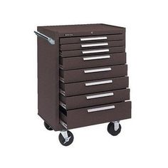 a brown drawer with five drawers on wheels