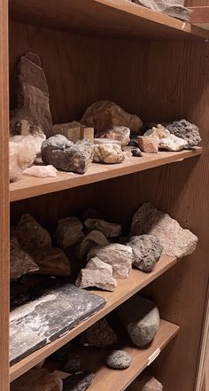 shelves filled with rocks and other items in a wooden cabinet next to a wall mounted clock