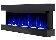 an electric fireplace with blue flames on it