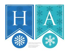 two snowflakes with the letter h on them are hanging from a blue ribbon