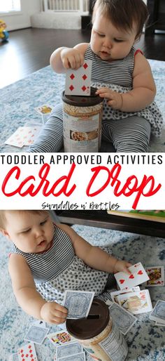 a toddler playing with cards on the floor and text overlay that reads toddler approved activities card drop