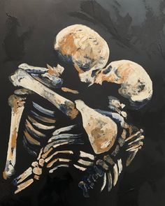 a painting of two skeletons hugging each other