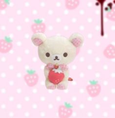 a small white teddy bear holding a heart in its paws on a pink and white background