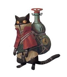 a black cat sitting on top of a bag next to a green vase with a clock in it