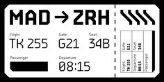 a black and white ticket with the word mad - zrh on it's side