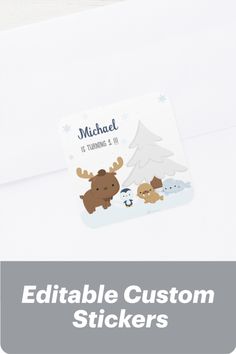 a white envelope with a christmas tree and moose stickers on the front, along with text that reads editable custom stickers