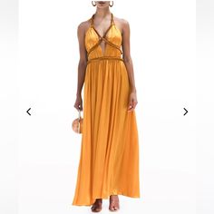 Cult Gaia Salee Ruched Deep V-Neck Gown Color: Marigold Retail: $1,398 Size 0 Cult Gaia "Salee" Ruched Open Back Gown With Beaded Tubular Strap Detail Deep V Neckline; Self-Tie Back Sleeveless Floor-Length Column Silhouette Slipover Style Silk/Spandex Dry Clean Imported Model Is 5'10"/177cm. 3 Beads Are Loose But Can Be Fixed And Are Barely Visible Worn Once And Hemmed To Floor Length For 5’4 Person Black Maxi Gown, Powerful Goddess, Open Back Gown, Goddess Vibes, Chiffon Wrap, Cocktail Gowns, Come Undone, Long Midi Dress, Silk Gown