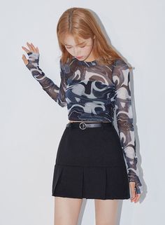 Marble Mesh Top Y2k Long Sleeve Stretch Mesh Top, Y2k Style Stretch Mesh Top With Long Sleeves, Y2k Stretch Mesh Top With Long Sleeves, Y2k Fitted Long Sleeve Mesh Top, Fitted Long Sleeve Y2k Mesh Top, Fitted Long Sleeve Mesh Top Y2k Style, Korean Female Fashion, Change Your Style, Black Mesh Top