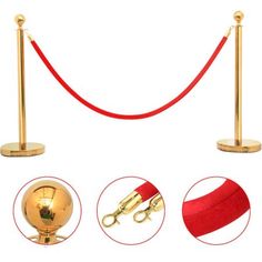 a red rope and gold ball on top of a pole with two golden balls attached to it