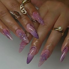 Purple Pink Ombre Nails, Summer Nail Designs 2024 Almond, Purple Almond Acrylic Nails, Ball Nails, Nail Guide, Hand Painted Nails, Ombre Acrylic, Nails Gel Nails, Custom Press On Nails