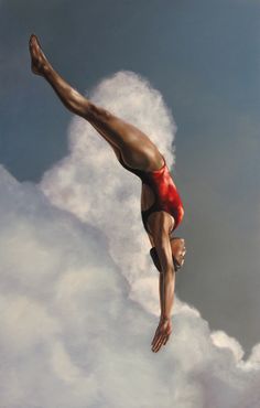 a painting of a man diving into the water from a cliff in front of clouds