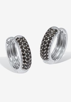 Add a touch of timeless elegance to any look with these round-cut genuine black spinel huggie earrings. Crafted from sterling silver, they offer a sleek and sophisticated silhouette that effortlessly complements any outfit. Perfect for both casual and formal occasions, these earrings are a versatile addition to your jewelry collection. 17x4.75mm.FABRIC: Sterling SilverMain Stone: 60 Round Faceted Cut Genuine Black Spinels, 1.45 mm x 1.45 mmDimensions: 4.75 mm wide x 17 mm long x 17 mm highInclud Black Nickel-free Huggie Jewelry, Nickel-free Black Earrings For Anniversary, Black Sterling Silver Round Huggie Earrings, Nickel-free Black Huggie Jewelry, Black Sterling Silver Small Hoop Earrings, Black Sterling Silver Huggie Earrings, Black Hypoallergenic Sterling Silver Earrings, Adjustable Black Sterling Silver Hoop Earrings, Nickel-free Black Round Earrings