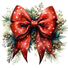 a red bow with white polka dots on it and green leaves around the bow is surrounded by berries