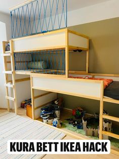 there is a bunk bed in the room with toys on the floor and below it