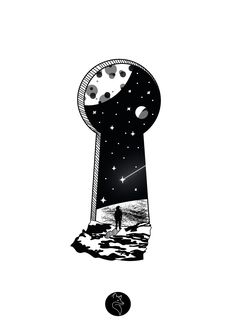 an illustration of a keyhole in space with stars and planets on the outer surface