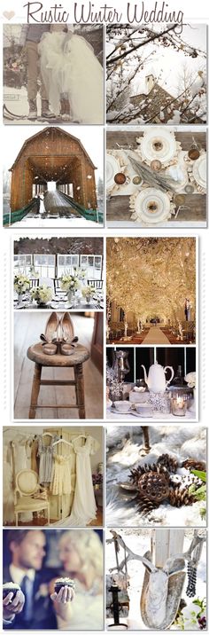 an image of winter wedding collage with white and gold accents on it's side