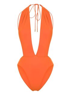 Saint Laurent Backless V-halter Swimsuit - Farfetch Swimsuit Orange, Dress Reference, Bathing Suit Designs, Halter Swimsuit, Orange Swimsuit, Versace Outfit, Be Mindful, Yoko London, City Dress