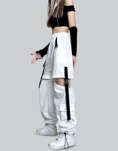 Womens White Cargo Pants Techwear Gym Pants With Pockets, Techwear Pants With Pockets For Gym, White Baggy Pants For Outdoor, Techwear Gym Pants With Side Pockets, Urban Gym Pants, Techwear Sports Parachute Pants, Techwear Wide Leg Nylon Cargo Pants, Functional Baggy Pants For Streetwear, Functional Parachute Pants For Streetwear