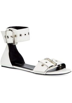 Elongated square open toe.Square counter at backBelt straps with functional buckles0.2" flat heel.Buckle detail at toe and ankle.Leather lining.Made in Italy Designer Square Toe Sandals With Buckle, Designer Square Toe Sandals With Buckle Closure, Designer Sandals With Buckle Closure And Square Toe, White Leather Sandals With Rectangular Buckle, White Square Toe Sandals With Buckle Closure, White Sandals With Buckle Closure And Square Toe, Sandal Online, Balenciaga Belt, Ankle Strap Sandals