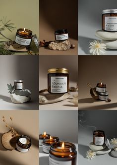 various images of candles and jars with flowers on them, including one in the middle