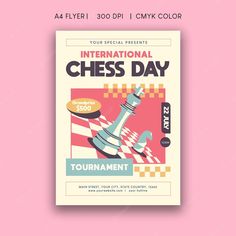 the international chess day flyer is shown on a pink background