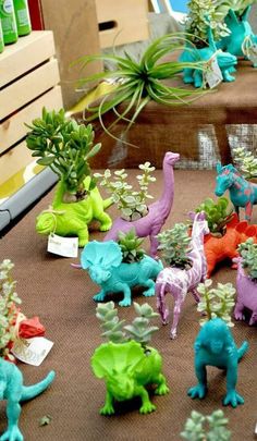 there are many toy dinosaurs on the table with succulents and air plants