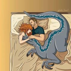 a man and woman laying in bed next to each other with a blue dragon on their back