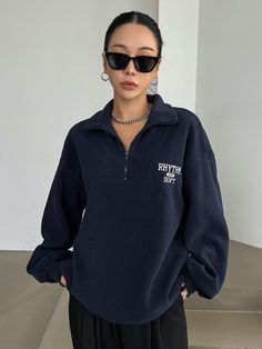 Collared Sweatshirt Outfit, Grey Quarter Zip Outfit, Half Zip Sweatshirt Outfit, Blue Sweatshirt Outfit, Modest Casual Outfits, Navy Blue Sweatshirt, Women Sweatshirts, Dropped Shoulder Sweatshirt, Cute Lazy Outfits