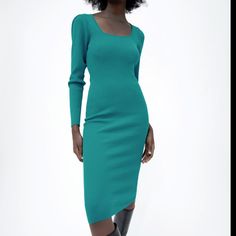 Gorgeous Knit Bodycon Midi Dress In A Bright Turquoise Color. Has A Lovely Square Neck And Is Long Sleeves And Is Extremely Stretchy. Nwt Shoulder To Hem: 46 Inches Pit To Pit: 14.5 Inches But Very Stretchy Sleeve Length: 24 Inches Chic Green Knit Midi Dress, Elegant Green Knit Midi Dress, Chic Turquoise Fitted Midi Dress, Elegant Fitted Green Sweater Dress, Fitted Elegant Green Sweater Dress, Turquoise Fitted Midi Dress Chic, Fitted Green Sweater Dress Elegant Style, Fitted Green Knit Sweater Dress, Elegant Blue Ribbed Sweater Dress