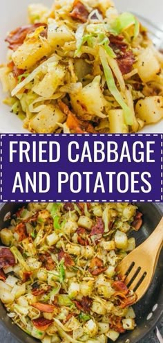 fried cabbage and potatoes in a skillet with text overlay that reads fried cabbage and potatoes