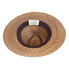 Clark Palm Leaf Hat inside view Lightweight Panama Hat With Curved Brim For Outdoor, Lightweight Panama Hat With Curved Brim, Safari Sun Hat With Upf 50+ And Short Brim, Lightweight Brown Fedora For Outdoor, Natural Color Short Brim Hat For Outdoor, Curved Brim Panama Hat With Upf 50+ For Outdoor, Outdoor Panama Hat With Upf 50+ And Curved Brim, Natural Boater Hat With Curved Brim And Uv Protection, Natural Boater Hat With Uv Protection And Curved Brim