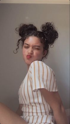 Curly hairstyle Curly Double Buns, Two Low Buns Curly Hair, Curly Buns Hairstyle, Braided Curly Bun, Curly Low Bun Hairstyles, Artsy Hairstyle