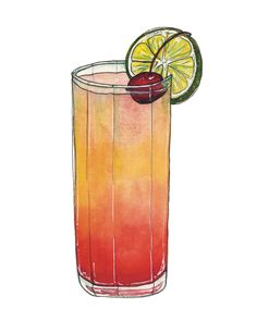 a watercolor drawing of a drink with a lime slice and a cherry on the rim