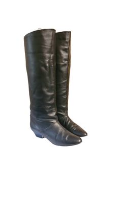 "Tall pirate cut leather boots by Joyce California. Size 7 1/2M. Made in the USA,  fabric lining, pointy toe, low stacked heel. Pair with just about anything.  **Few scrapes on the heels with normal wear and tear** Length: 9\" Width: \"3 Height: 16\" Heel: 1 1/2\" Top/Calves: 14\" Color: Black  Condition: Good Vintage  Brand: Joyce California" Fitted Low Heel Business Boots, Vintage Pointed Toe Mid-calf Boots For Fall, Leather Pointed Toe Wedge Boots For Fall, Fitted Leather Knee-high Boots With Pointed Toe, Vintage Low Heel Fitted Boots, Winter Leather Lined Pointed Toe Knee-high Boots, Vintage Fitted Boots With Low Heel, Winter Knee-high Leather Lined Pointed Toe Boots, Winter Knee-high Boots With Pointed Toe And Leather Lining