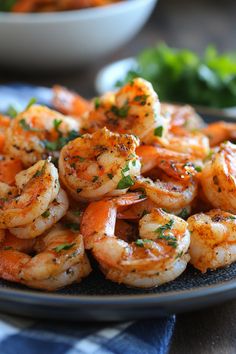 Grilled shrimp garnished with herbs on a plate. Spicy Cajun Shrimp, Quick And Healthy Meals